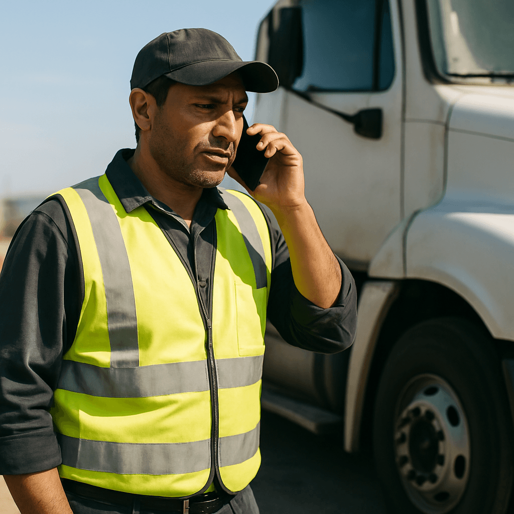 Field service operator standing beside a commercial truck making a phone call in bright daylight