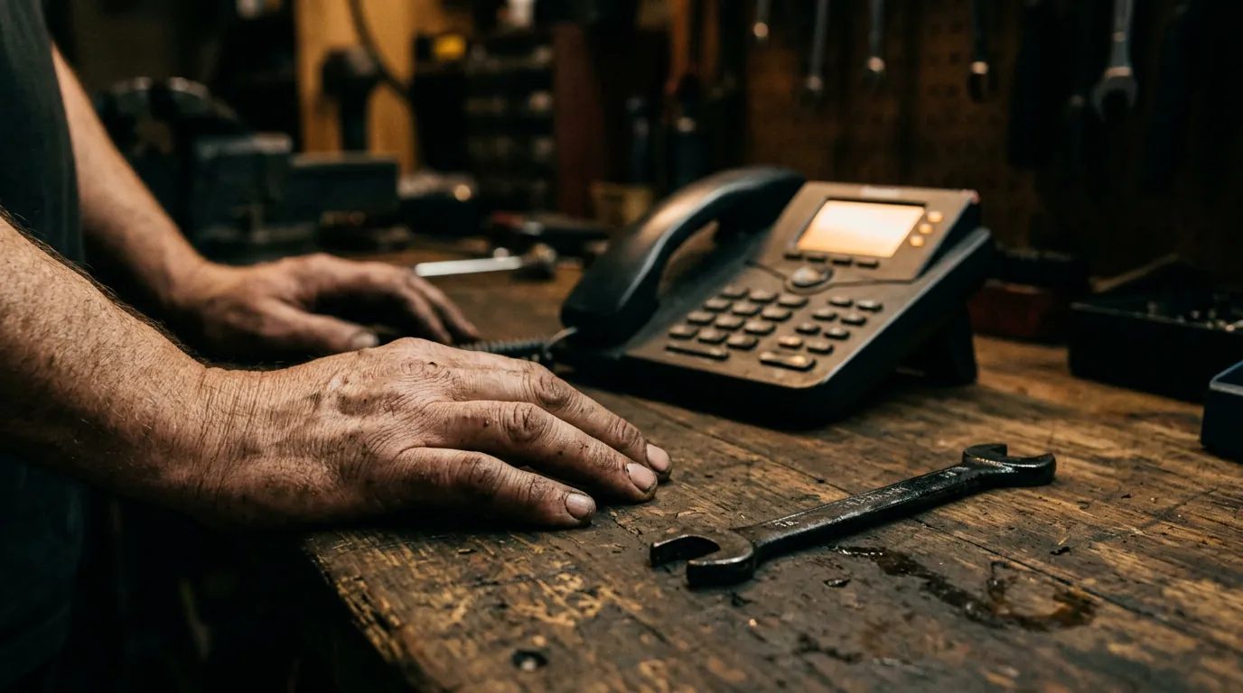 A technician’s hands on the workbench, beside a desk phone that keeps ringing