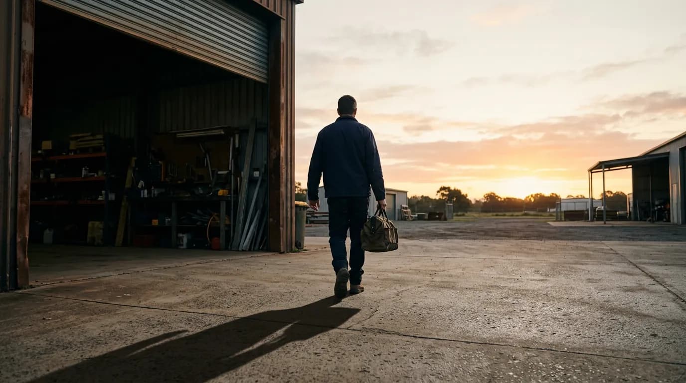 A technician heading out at dawn, the day’s calls already handled